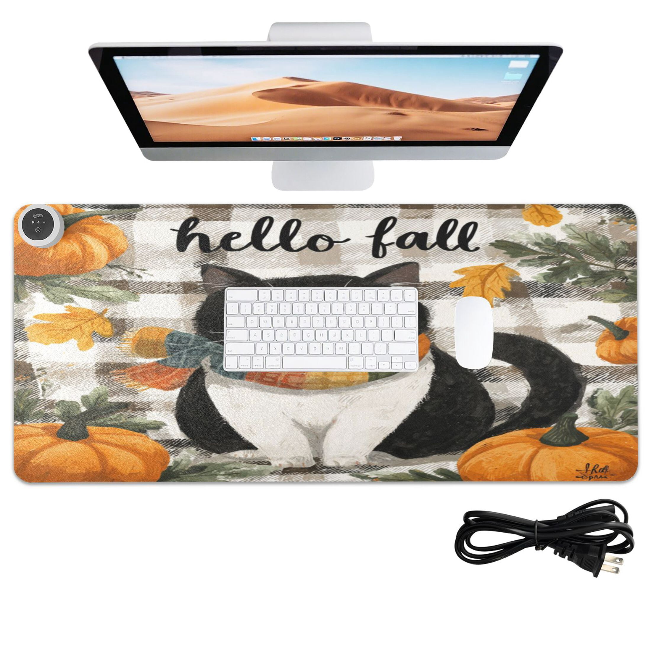 Large Heated Desk Mat Mouse Pad 31.5"x13"PU Leather Graphene Heating Desk Warmer with 3 Temperature Settings 110V US Plug Non-Slip Warm Pad for Home, Office, and Gaming Falling Leaves and Cute Cat