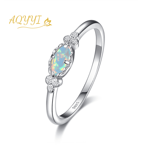 AQYYI 925 Sterling Silver Marquise Opal CZ Ring, Dainty Stackable Fashion Ring for Women, Sizes 8