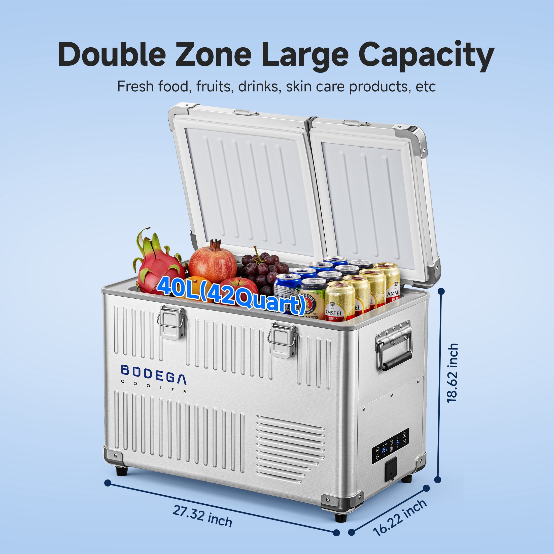 Bodega Dual-Zone 12V Car Refrigerator Portable 40L Car Refrigerator Freezer,  Aluminum Alloy Outdoor Fridge for SUV, RV, Pickup, Camping, Fishing, Travel