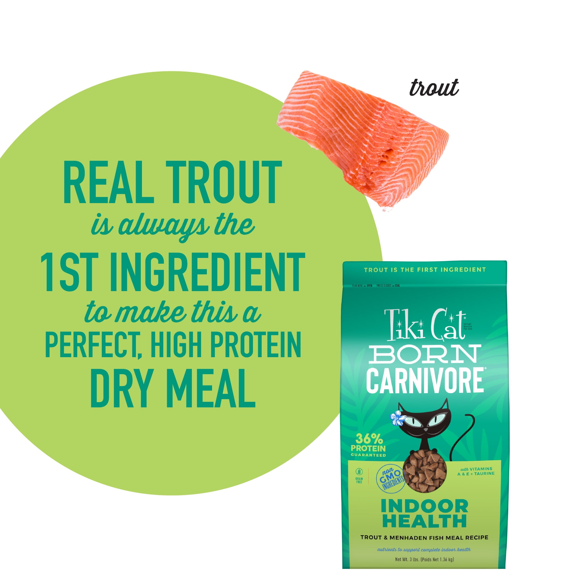 (2 pack) Tiki Cat Born Carnivore Indoor Health Dry Cat Food, Trout & Menhaden Fish Meal, 3 lbs. Bag