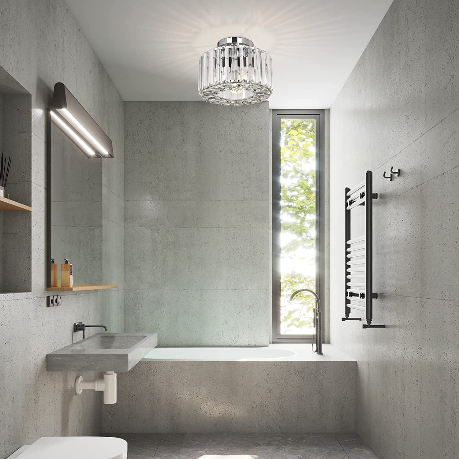 Frideko Home Crystal Ceiling Light Fixture, 9" Chrome Modern Semi Flush Mount Ceiling Light, E26 Base for Light Bulbs, Crystal Chandelier for Kitchen Bedroom Bathroom Hallway (Bulb not Included)