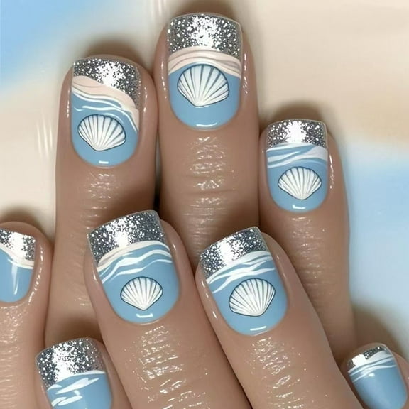 KUFptva Square Press on Nails Sea Shells Fake Nails Stick on Nails in 12 Size 24 Pcs French Nails Tips for DIYS Nails Art Decors