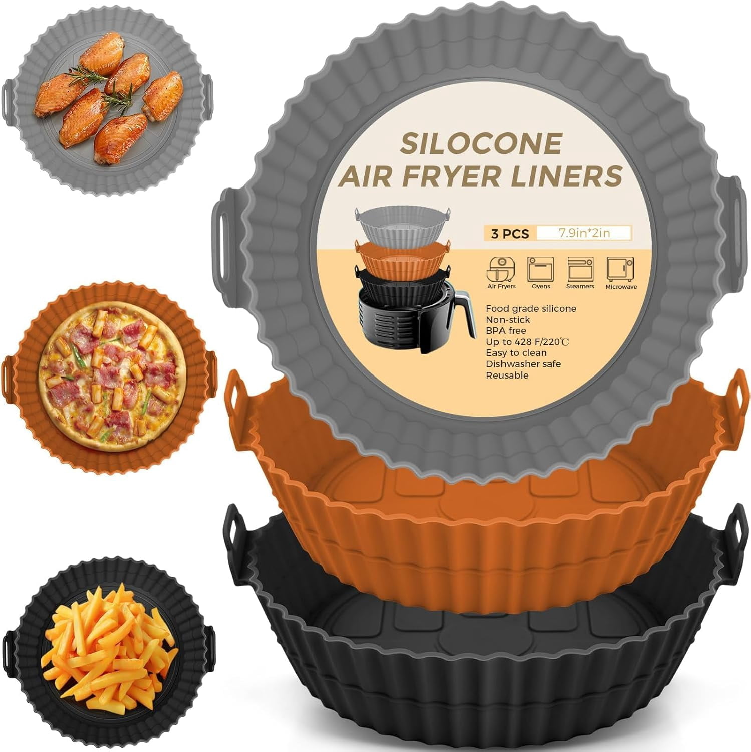 JJEAN-Silicone Air Fryer Liner, 7.9 Inch Round Reusable Basket with Handles, Nonstick & Dishwasher Safe (1 or 2 Pack) (grey/pink, 2)