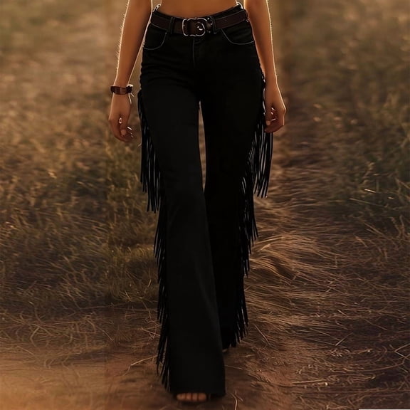 VIWORLD Western Solid Color Pants: Women's Flare Leg Trousers with Side Fringe Detail for Stylish Vacation Wear Black,S