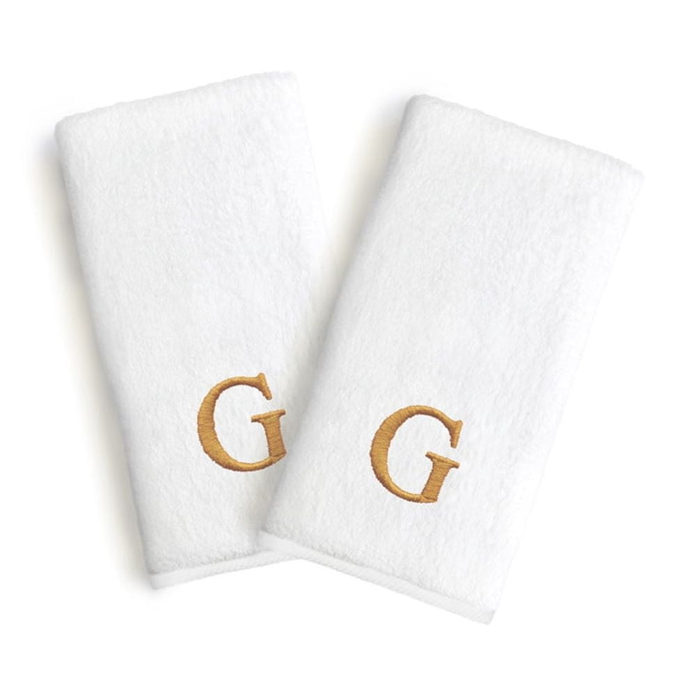 Authentic Hotel and Spa  2-piece White Turkish Cotton Hand Towels with Gold Block Monogrammed Initial White/C
