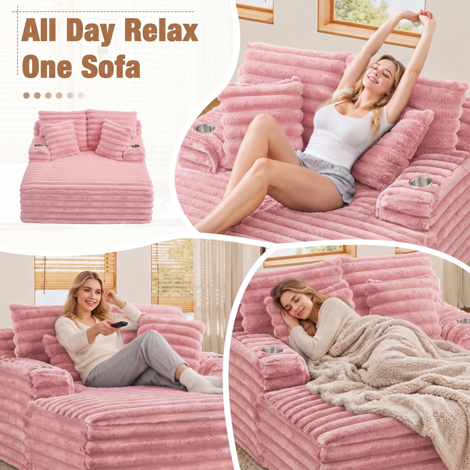 Lunale Oversized Chaise Lounge Chair Indoor Furniture, Boneless Cloud Couch with Cup Holders, Faux Fur Accent Chair for Living Room, Pink