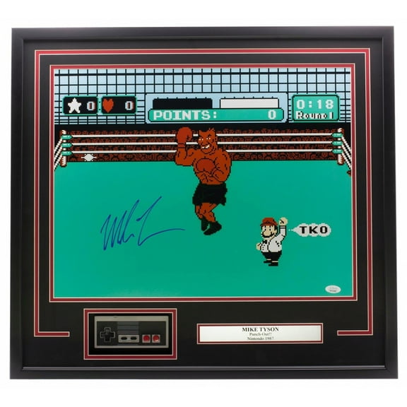 Mike Tyson Signed in Blue Framed 16x20 Punch Out Boxing Photo w/Controller JSA