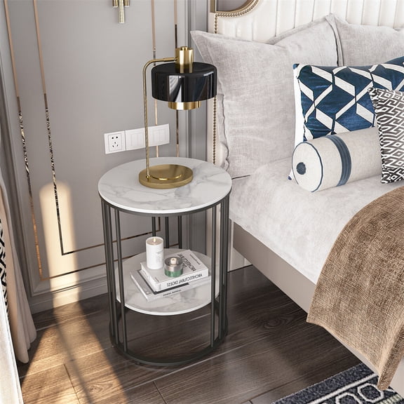 BOBOKY Chic End Table Nightstand, White Marble Top Coffee Side Table with Charging Station & Drawer, Modern Accent Table for Bedroom, Living Room.Black