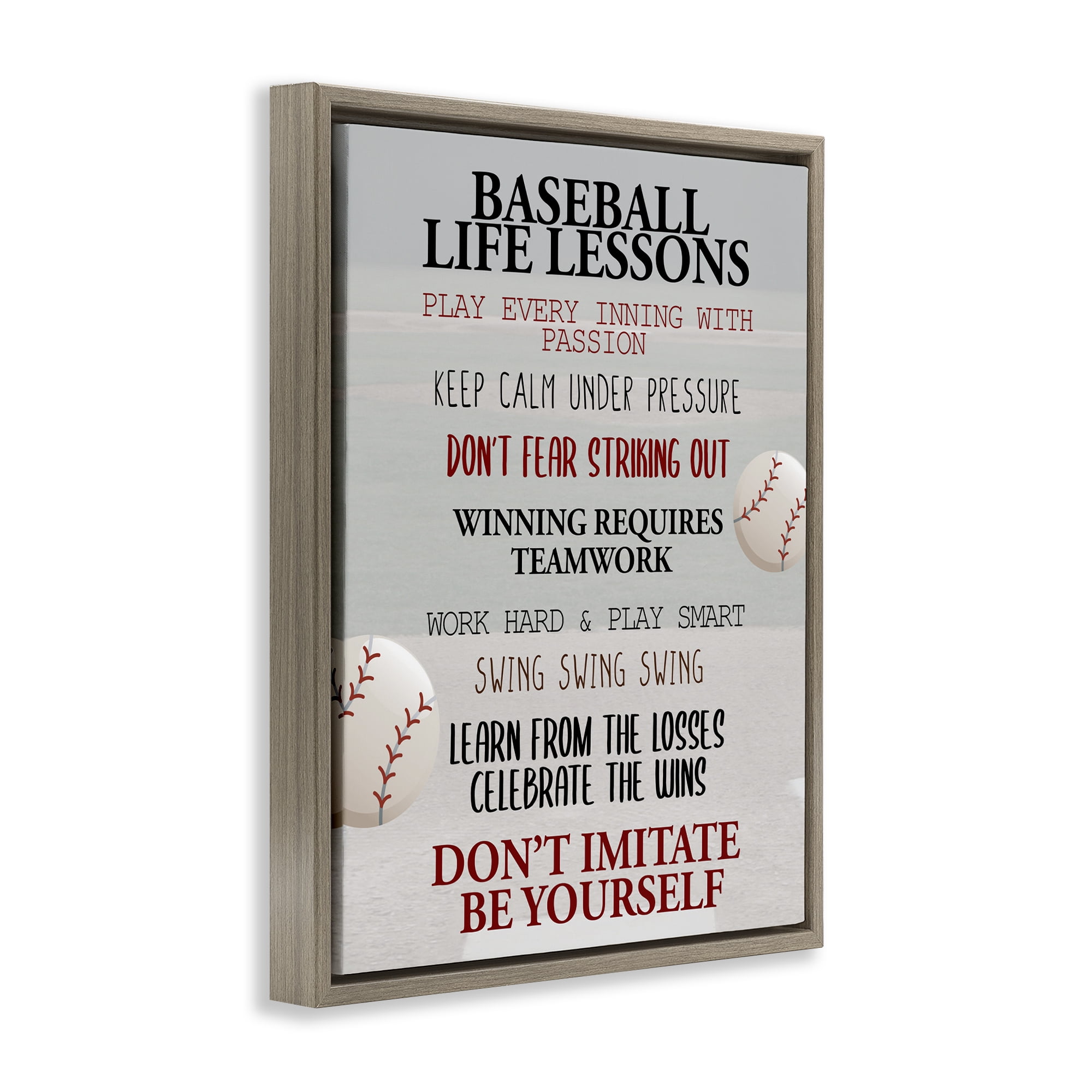 Baseball Life Lessons Brown Framed Floater Canvas Wall Art, design by Kim Allen