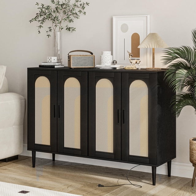 Kitchen Buffet Cabinet with Rattan Decorated Doors, Accent Sideboard Cabinet with 4 Doors, Coffee Bar Cabinet with Power Outlet, Adjustable Shelves, Sideboard Buffet Cabinet