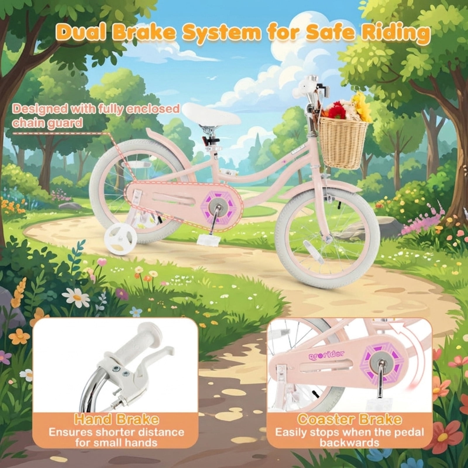 Redsmile Kids Bike 16 Inch with Training Wheels for Boys Girls Ages 4-7, Youth Bicycle with Adjustable Handlebar and Seat, Height 41-51 In, Holds 110 lbs, Carbon Steel Frame, Pink
