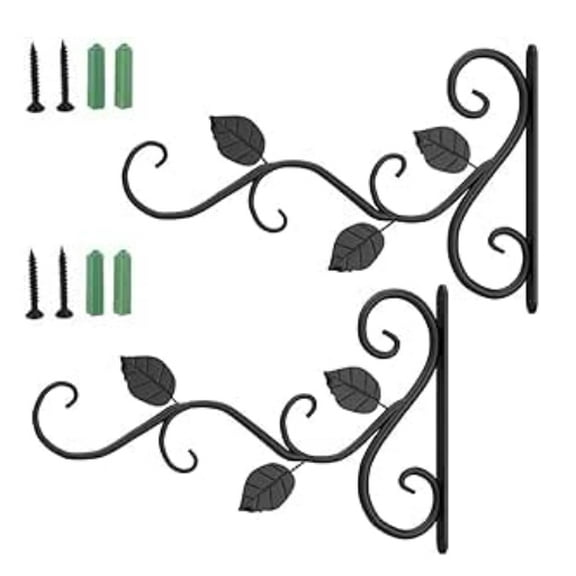 Outdoor Plant Hooks, Wanfoou 2pcs Indoor Outdoor Plant Hooks, Hangers for Hanging Baskets, Iron Wall Metal Hooks Plant Hanger Bracket, Outdoor Hooks for Bird Feeders（Black）