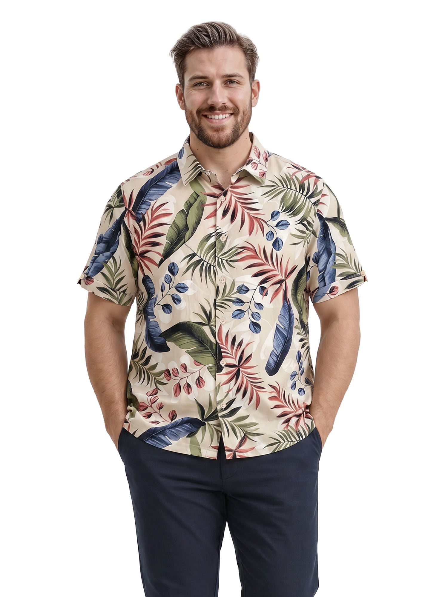Cafe Luna Men’s and Big Men’s Tropical Leaf Print Short Sleeve Button-Down Shirt, S-5XL