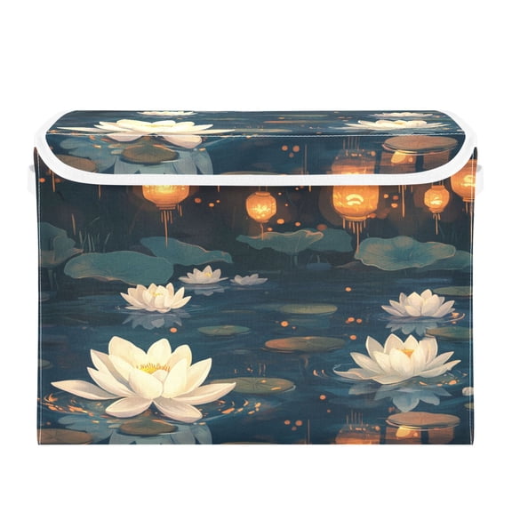 WOBOGO Kong Ming Lanterns Lotus Pond Large Collapsible Storage Box Flip Lid Fabric Decorative Organizer Container Basket with Handles 16.5×12.6×11.8in