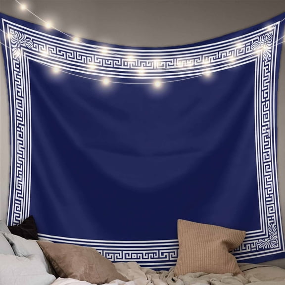 Navy Blue Geometric Tapestry for Bedroom Wall Hanging Tapestry, White Greek Key Farmhouse Ceiling Backdrop Tapestries Poster Blanket Wall Decor for Teens Room Living Room Dorm 59" x 79"