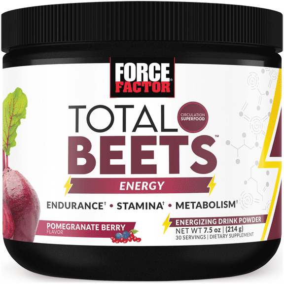 Force Factor Total Beets Energy, Beet Root Powder with Green Tea to Boost Nitric Oxide, Energy, Stamina & Blood Flow, Pomegranate Berry, 30 Servings