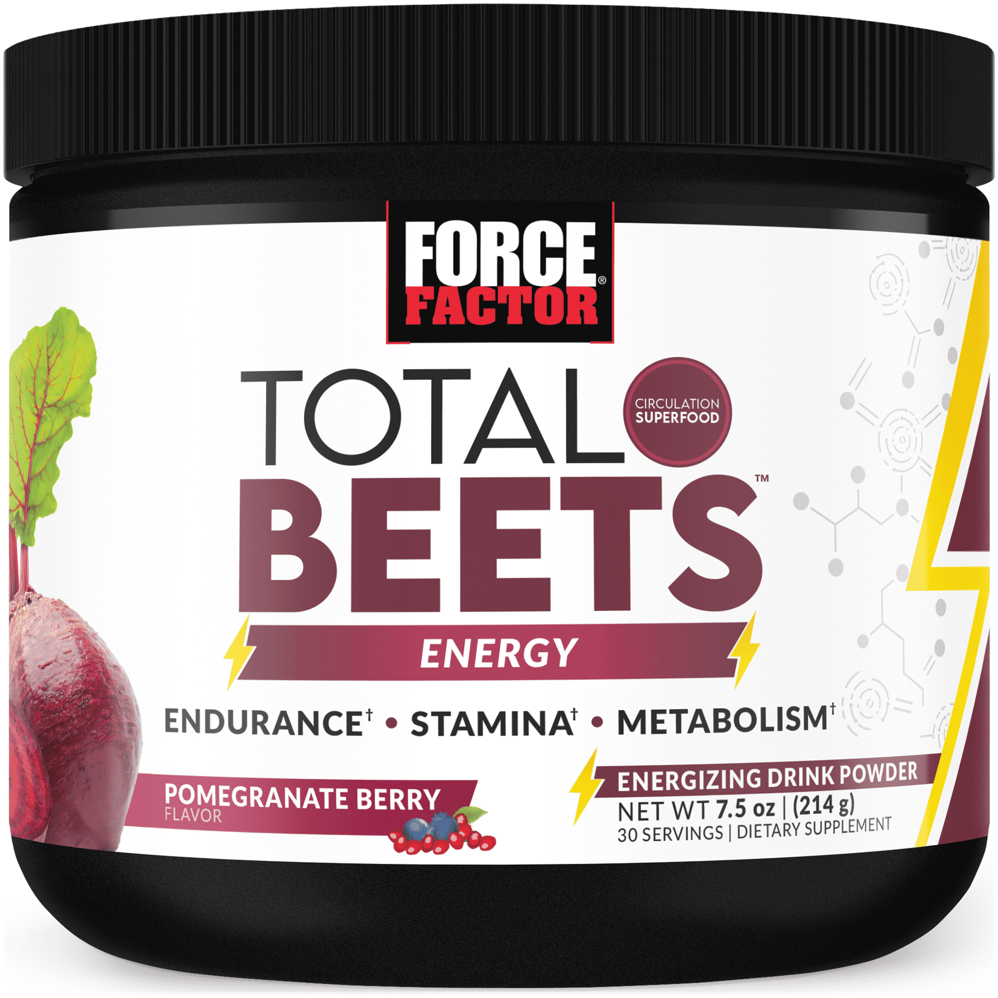 Force Factor Total Beets Energy, Beet Root Powder with Green Tea to Boost Nitric Oxide, Energy, Stamina & Blood Flow, Pomegranate Berry, 30 Servings