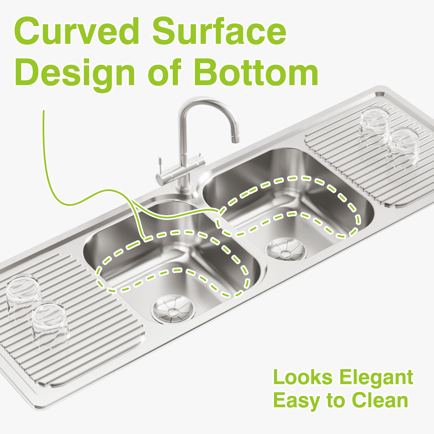 Naiture Double Bowl and Double Drainboard Stainless Steel Kitchen Sink, Rectangular Drop-In Top Mount Sink, 59" X 20" with Single Faucet Hole