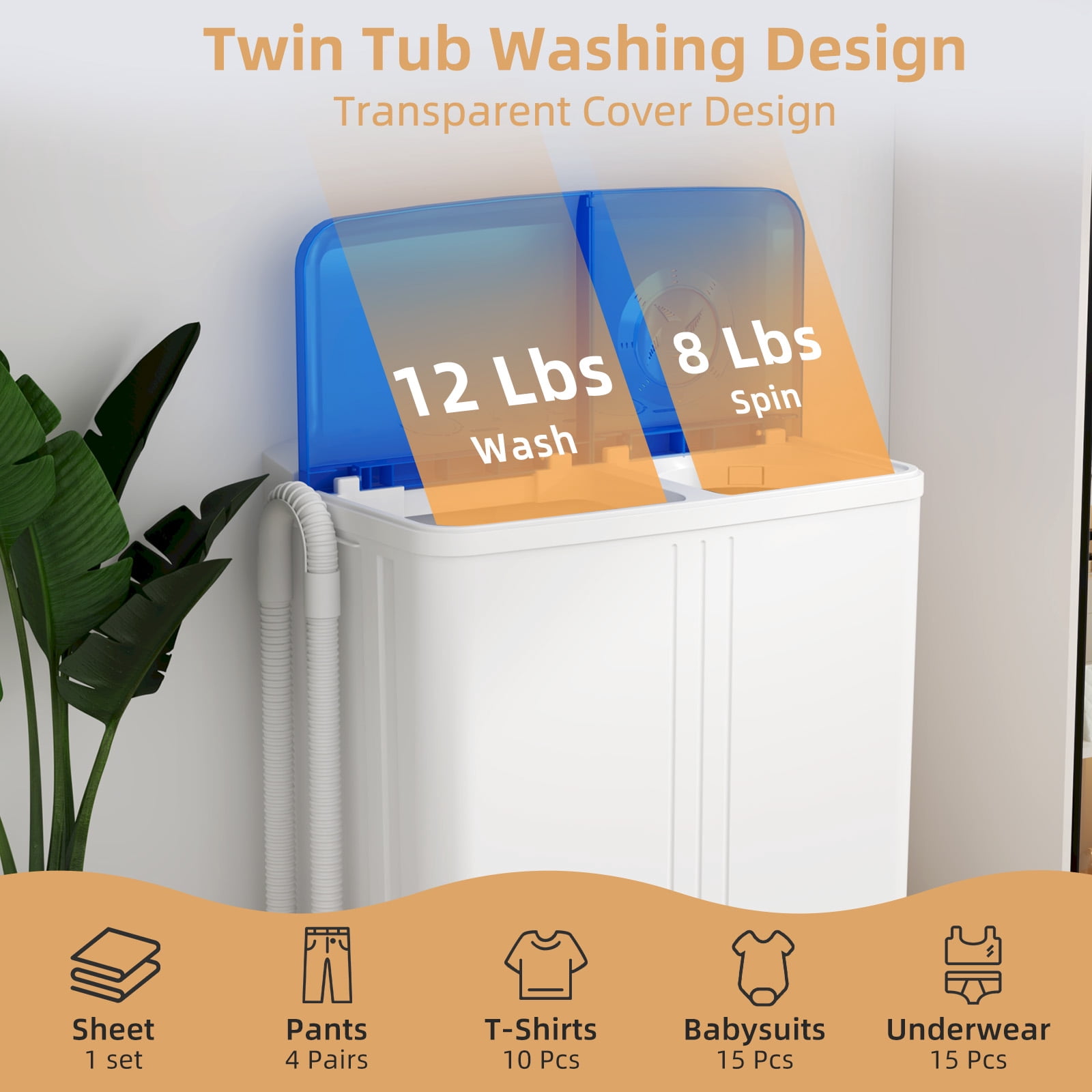 Zynkez Portable Washing Machine, 20Lbs Compact Twin Tub Laundry Washer with Drain Pump, Semi-Automatic 12Lbs Washer and 8Lbs Spinner Combo