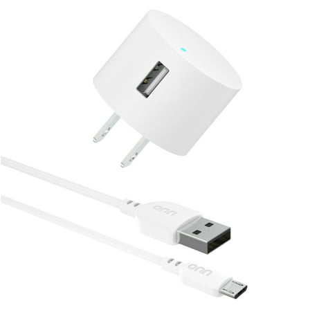 onn 12W Single USB-A Port Wall Charger with 3ft Micro-USB to USB Cable, Foldable Plug, White