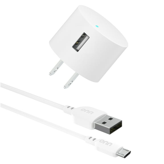 onn 12W Single USB-A Port Wall Charger with 3ft Micro-USB to USB Cable, Foldable Plug, White
