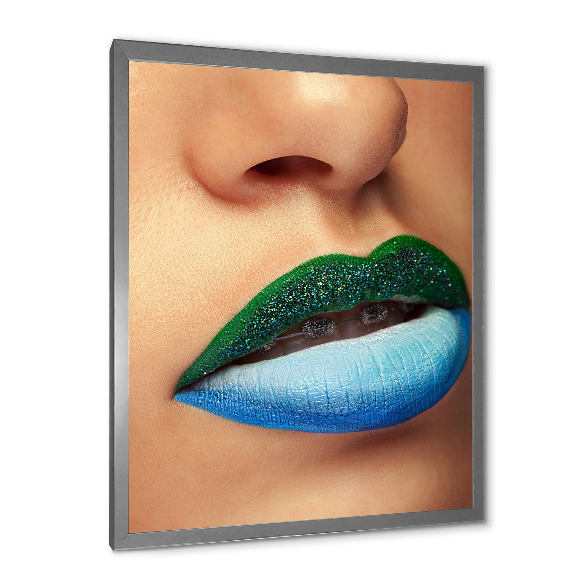 Designart 'Close Up Woman Lips With Fashion Make Up and Brackets' Modern Framed Art Print