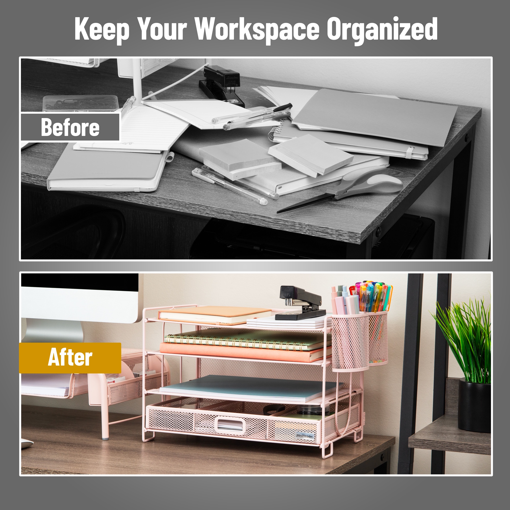 Mind Reader Mesh Desk Organizer, 3 Trays, 1 Drawer, 2 Pen Holders Metal , Pink