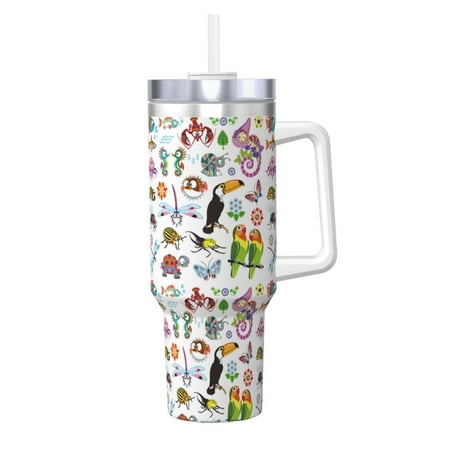 

Susaid Cartoon Wild Animals Print Indoor Outdoor Straw Lid 40oz Ice Bully With Handle Stainless Steel Cup for Home Office and Car
