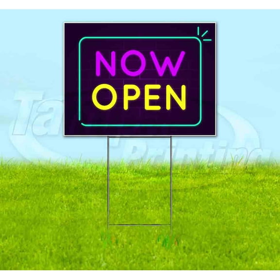 Neon Brick Now Open (18" x 24") Yard Sign, Includes Metal Step Stake