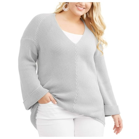 Junior Plus V Neck Cuff Long Sleeve Sweater