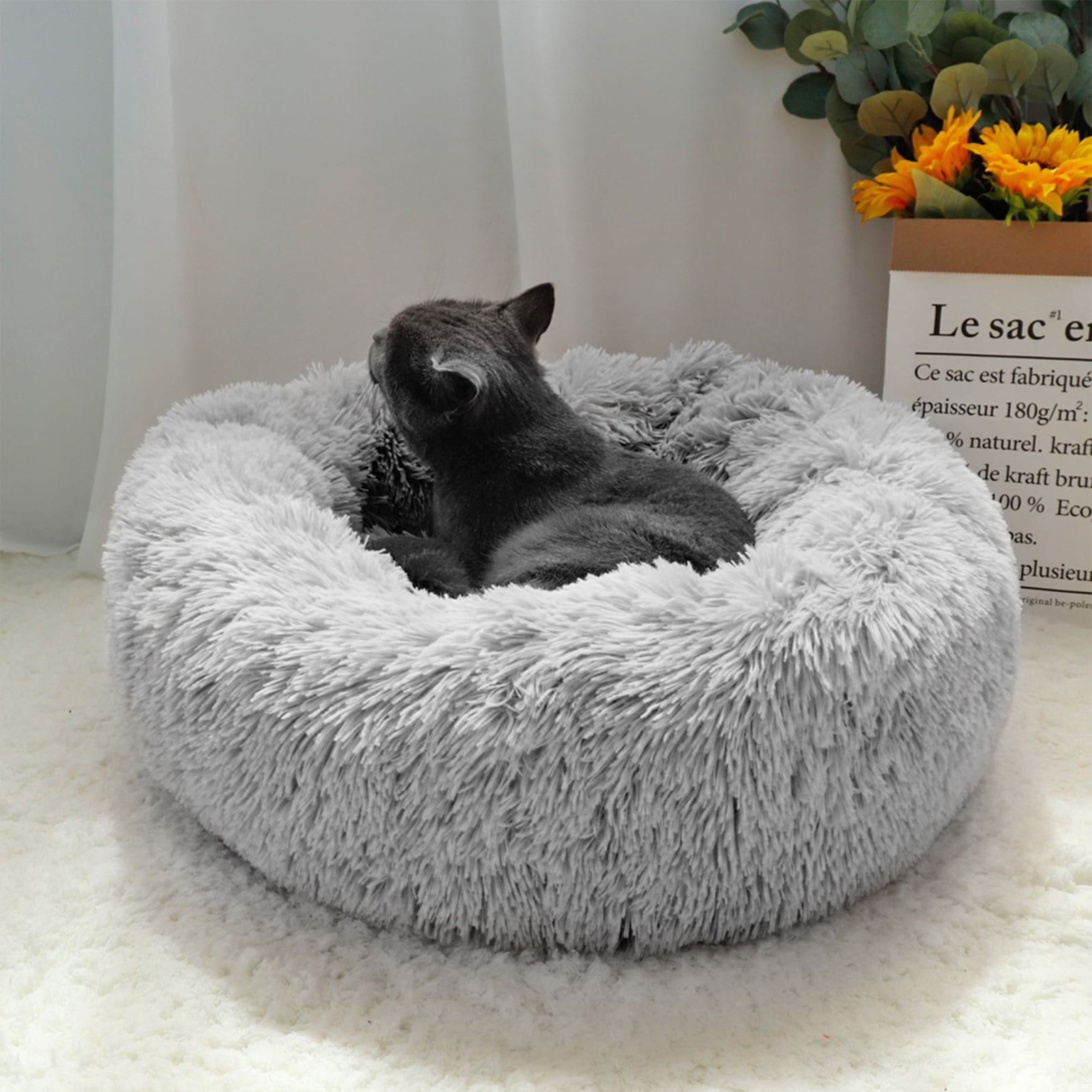 Cat Bed for Indoor 20inch Anti Anxiety Donut Calming Bed Fluffy Soft Round Plush Cushion Bed for Small Medium Dogs and Cats Light Gray