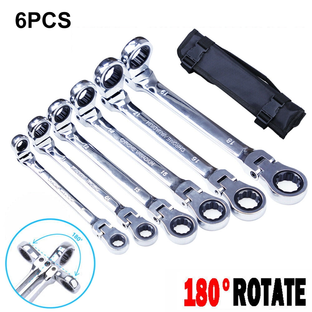 6 Extra Long Ratcheting Wrenches Spanner Set Double Box End Flex-Head SAE Metric 