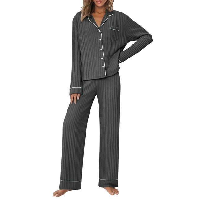 HAiming Women Pajama Sets 2 Piece Sleepwear Ribbed Long Sleeve Button down Lapel Shirts and Pants Pjs Outfit