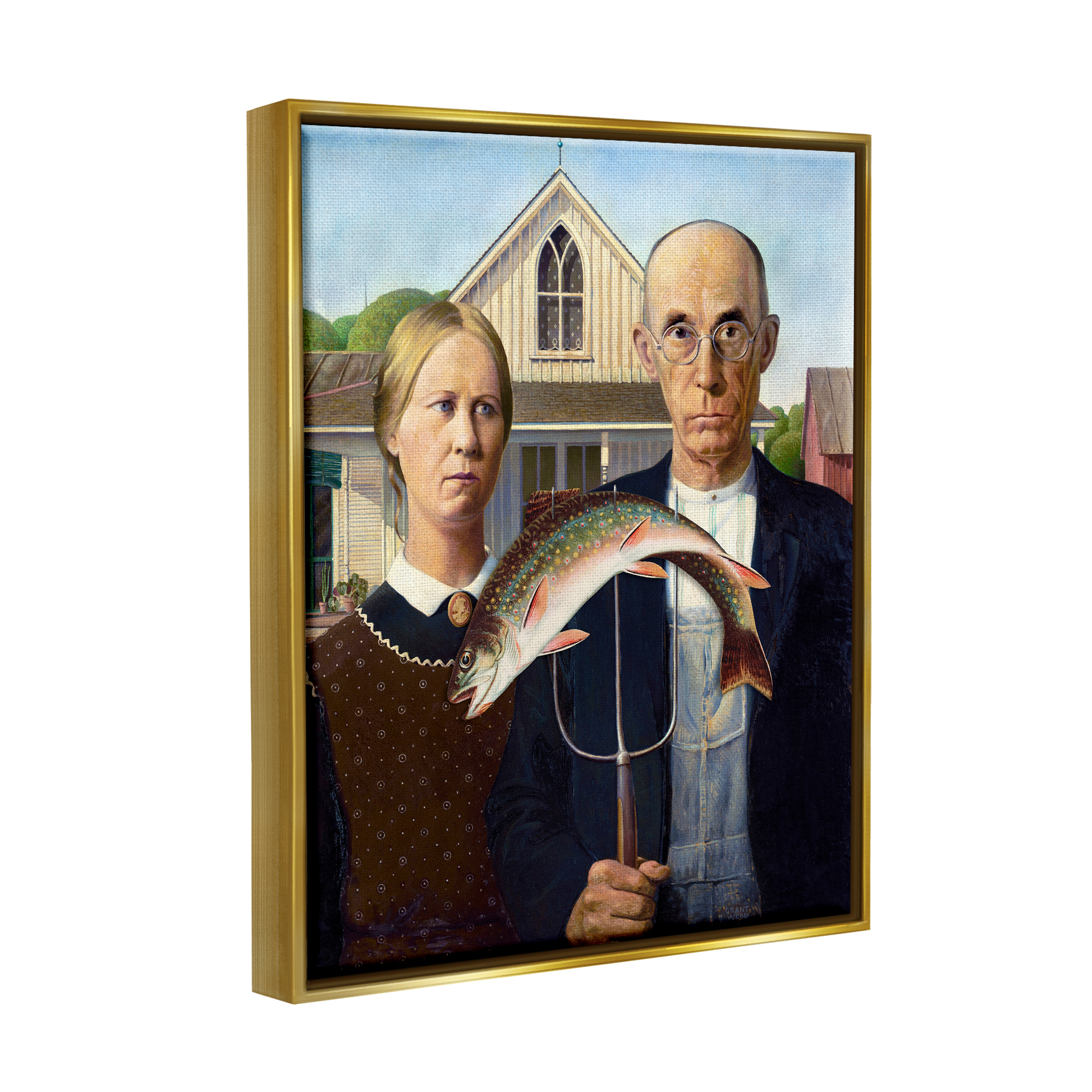 Stupell Industries American Gothic with Fish Animals & Insects Painting Gold Floater Framed Art Print Wall Art, 25 x 31