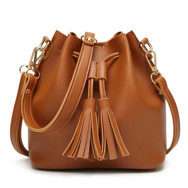 Women PU Leather Drawstring Shoulder Bag Mini Bucket Bags Tassel