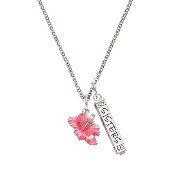 Delight Jewelry Silvertone Hot Pink Hibiscus Flower Silvertone Sisters Best Friends Forever Bar Charm Necklace, 23"