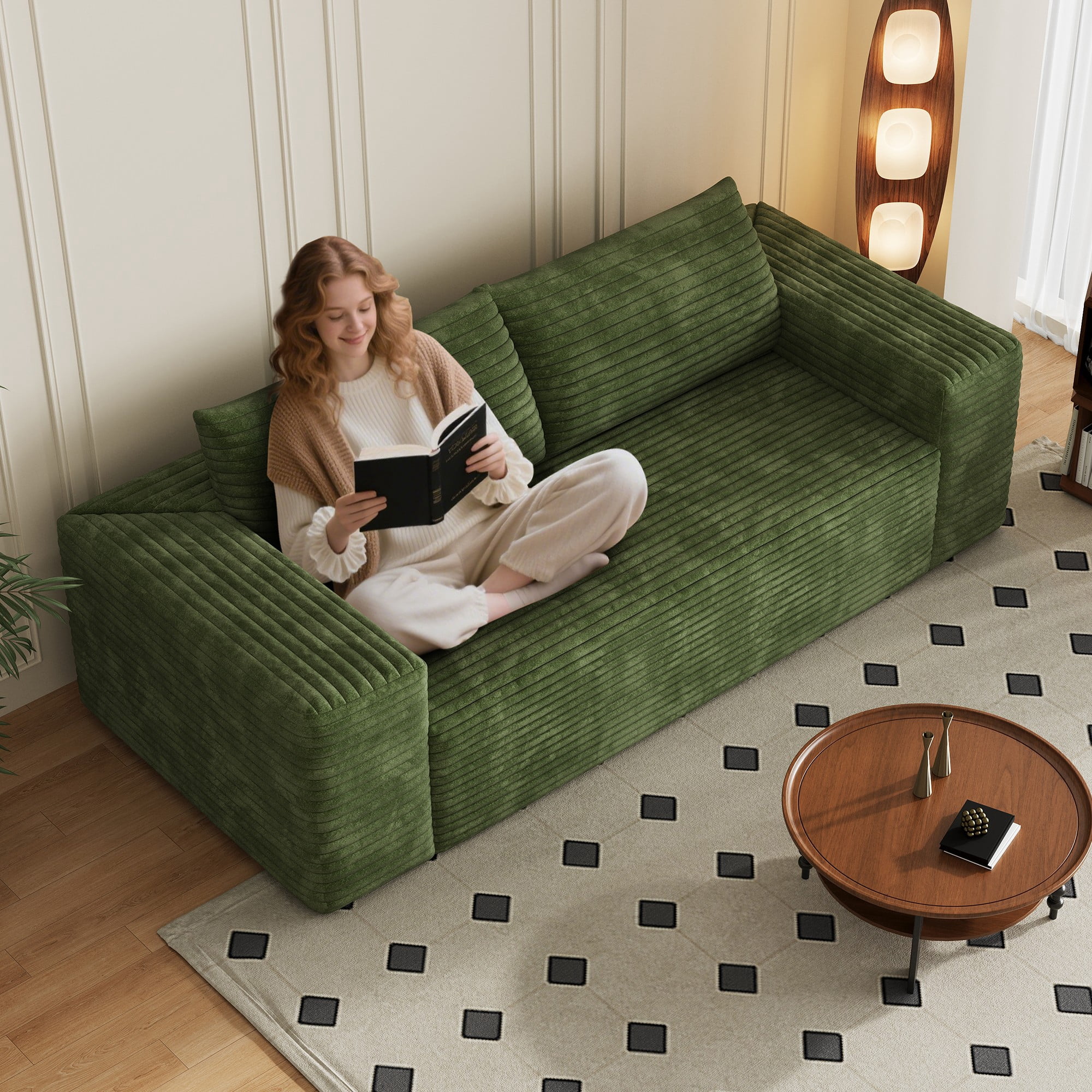 Aukfa 78.8" 3 Seater Couch, Corduroy Upholstered Deep Seat Couch, No Assembly Comfy Sofa for Living Room, Bedroom, Apartment, Green