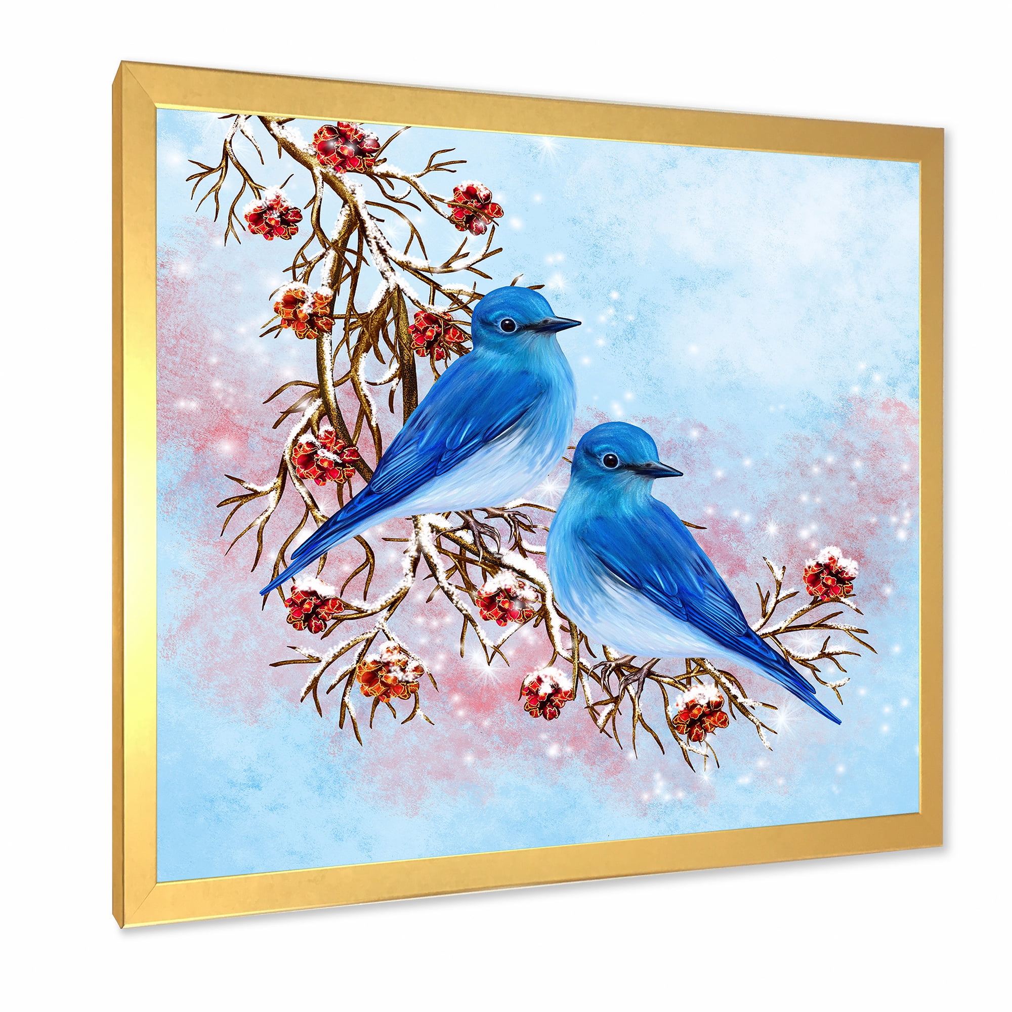 Designart 'Two Blue Birds Sitting On A Branch With Berries In Winter' Traditional Framed Art Print
