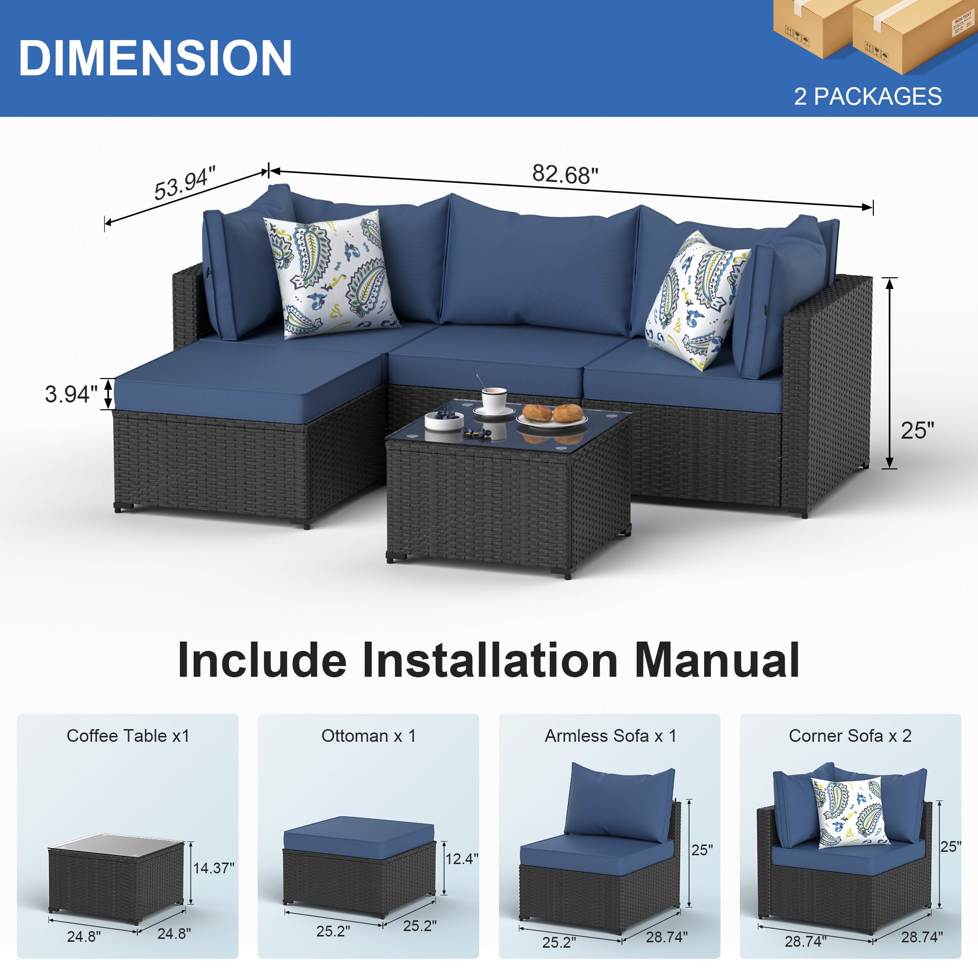 5 Pieces Outdoor Patio Furniture Set Sectional with Ottoman Wicker Rattan Patio Couch,Blue