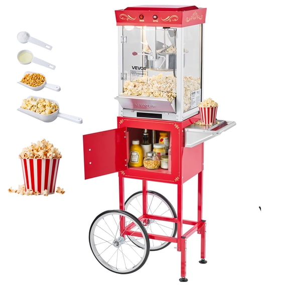 VEVOR Popcorn Machine with Cart, 8oz Stainless Steel Kettle, 800W Commercial Popcorn Maker, 48 Cups per Batch Theater Style Popper