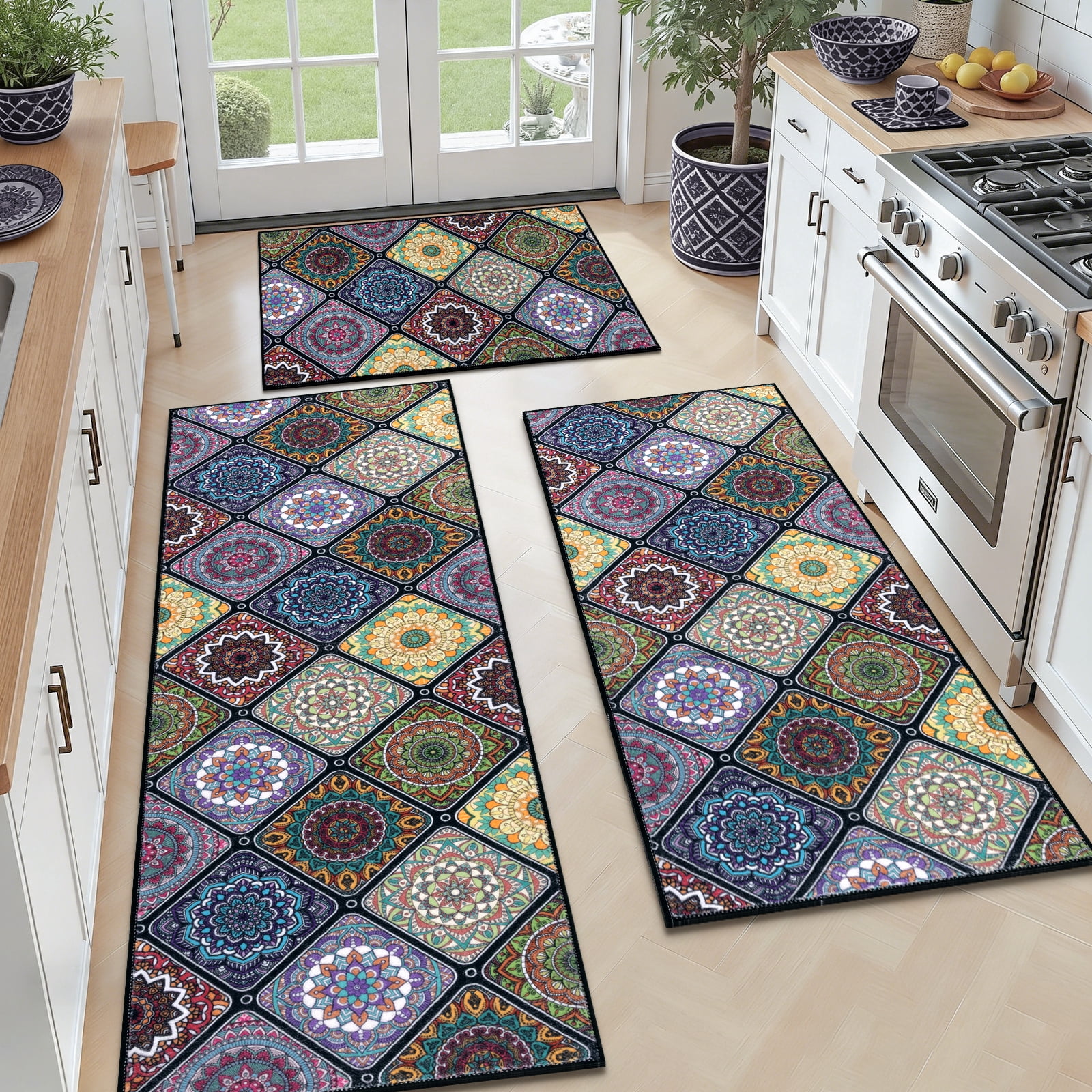 Findosom 3pc Boho Kitchen Rugs and Mats Set, Non Slip Washable Kitchen Runner Rug for Kitchen Floor, Farmhouse Kitchen Decor, Hallway, Entryway, Laundry Room,20"x32"+20"x47"+20"x59" Colorful