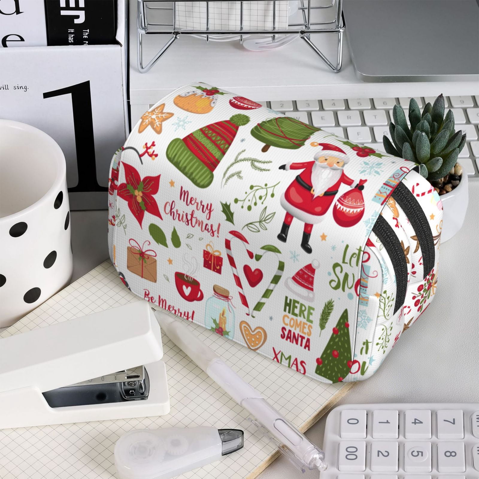 Rateoe Snowflakes Santa Claus Pattern Double Clamshell Pen Case, Storage Organizer with Two Zipper Compartments– Holds Up to 50 Pencils & Pens