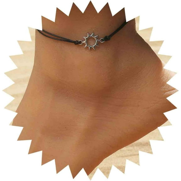 Bohemian Sun Anklet Black Woven Rope Ankle Bracelet Silver Sunshine Chain Anklet Adjustable Wax Anklets Summer Beach Foot Chain Jewelry for Women Gifts