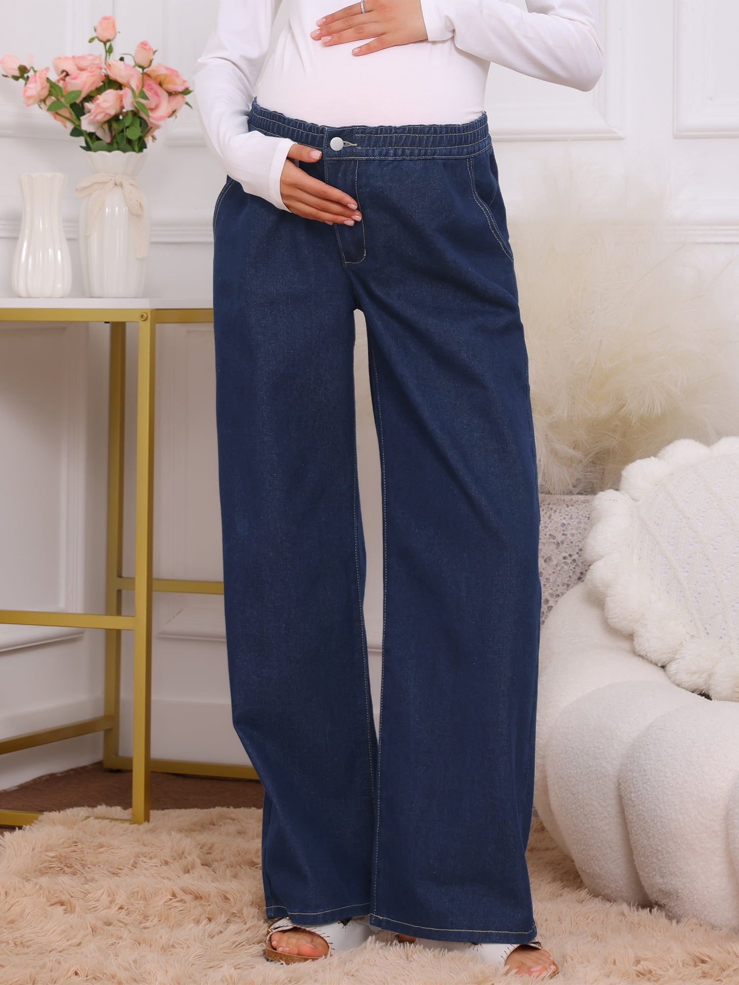 DARING DIVA Women's Maternity  Wide Leg Loose Middle Waist Denim Pants 2XL Deep Blue