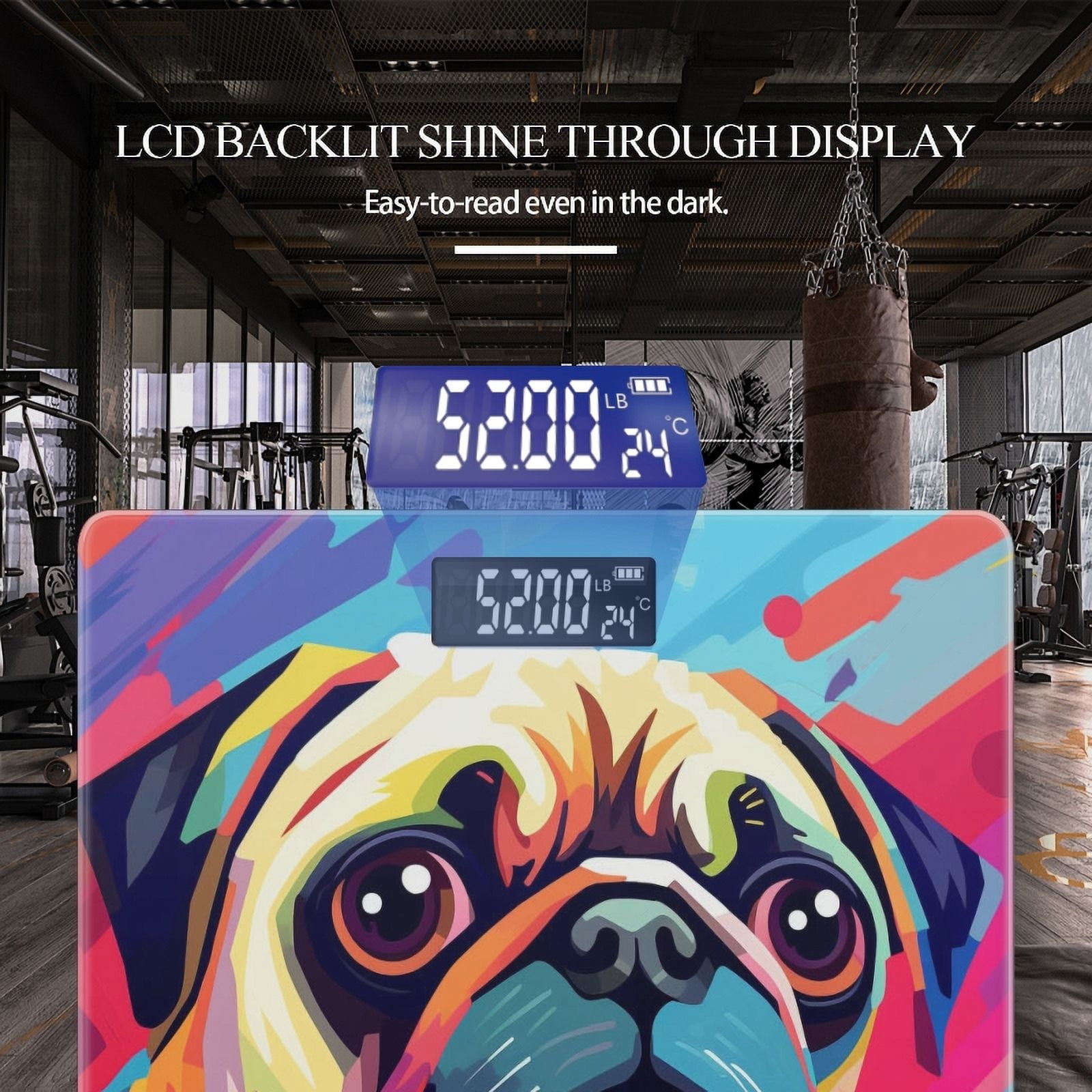 Bathroom Scale, Highly Accurate Digital Body Scale,Precisely Measures Weight up to 400 lbs-Cute Pug Dog With Colorful Background