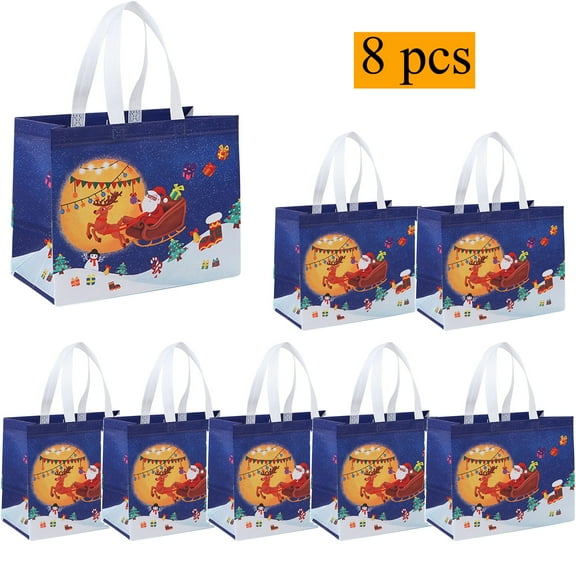 KOYPTL 8 Pack Christmas Gift Bags Reusable Durable Christmas Tote Bags with Handles Sewing Non-Woven Christmas Bags for Gift Wrapping Shopping Xmas Party Supplies (12.5×10×6.7 Inch)