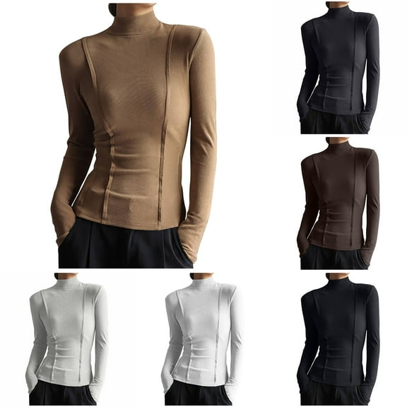 Elainilye Fashion Under Scrub Long Sleeve Women Fall Bottomed Double-sided Basic Tops Bottoming Shirt,Brown