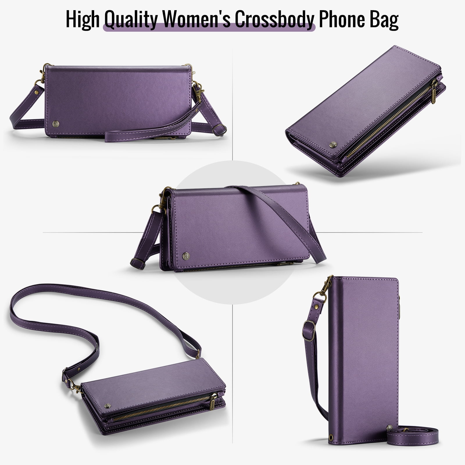 ELEHOLD Phone Bag Wallets for Women Girls,Luxury PU Leather Wallet Bag Crossbody Handbag with Phone Pocket Zipper Pocket Large Capacity Credit Card Holders Wriststrap Shoulder Strap,Purple
