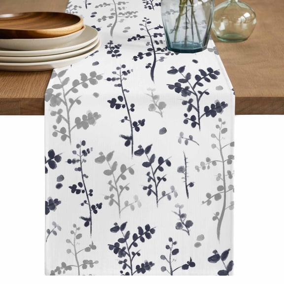 Table Runner 108 Inches Long for Kitchen Dining, Grey Black Botanical Dresser Scarf Farmhouse, Dining Table Decorations for Wedding/Parties, Watercolor Spring Floral Summer Leaf 13 x 108 In