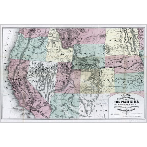 24"x36" Gallery Poster, transcontinental map of the Pacific Railroad 1877